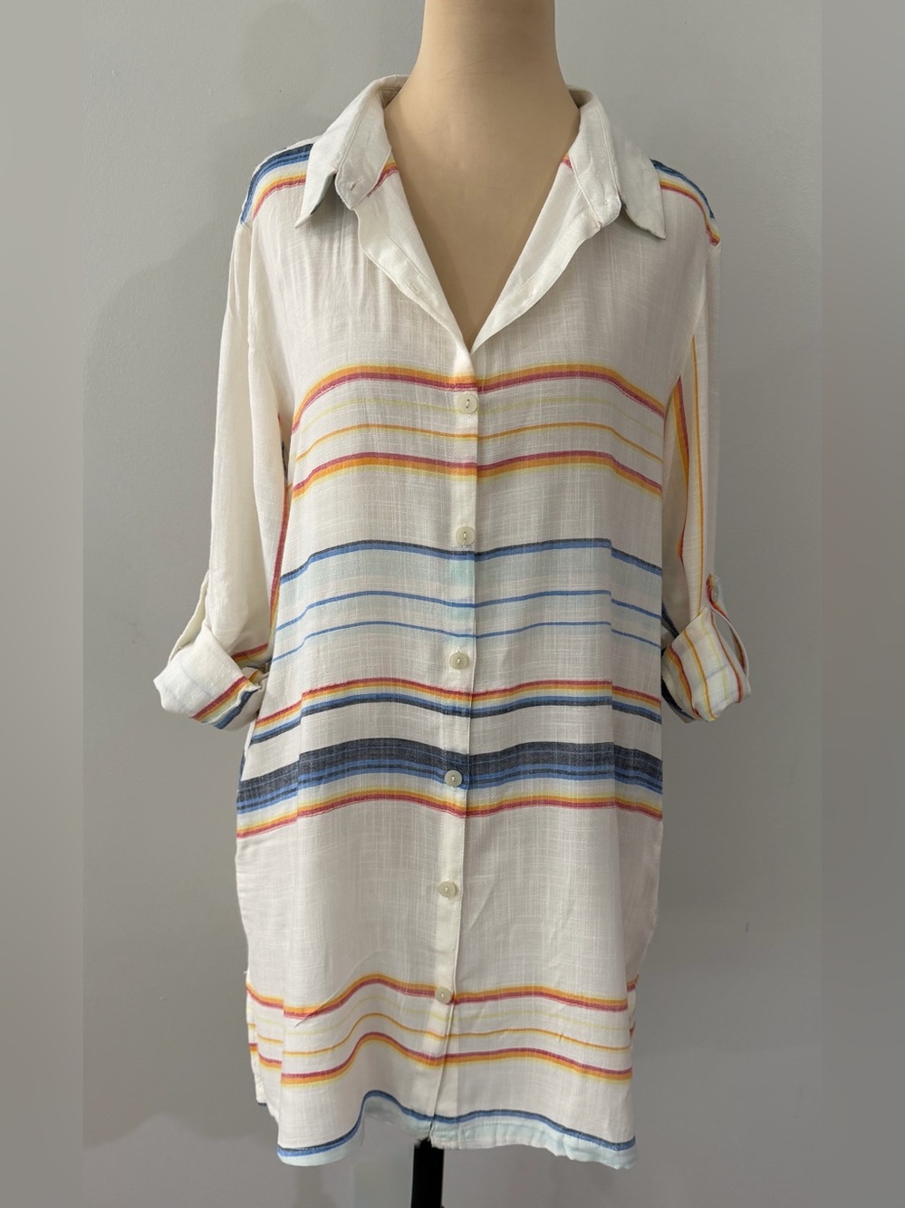NWT Blue Island Cream Blue Striped Button-Down Women's Beach Swim Cover-Up Shirt